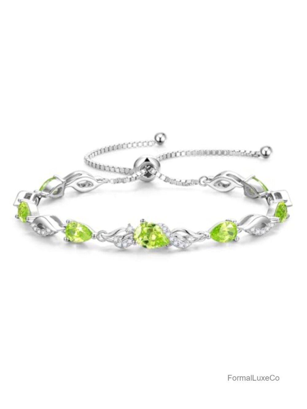 Sterling Silver Peridot Teardrop Tennis Bracelet Adjustable Slide Clasp Fine
